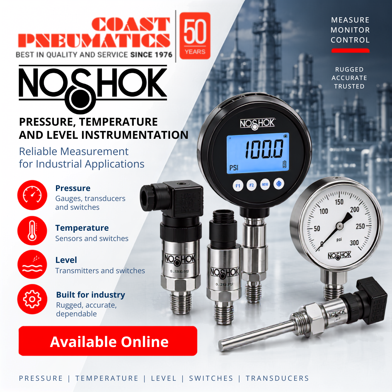 NOSHOK pressure, temperature, and level instrumentation available from Coast Pneumatics